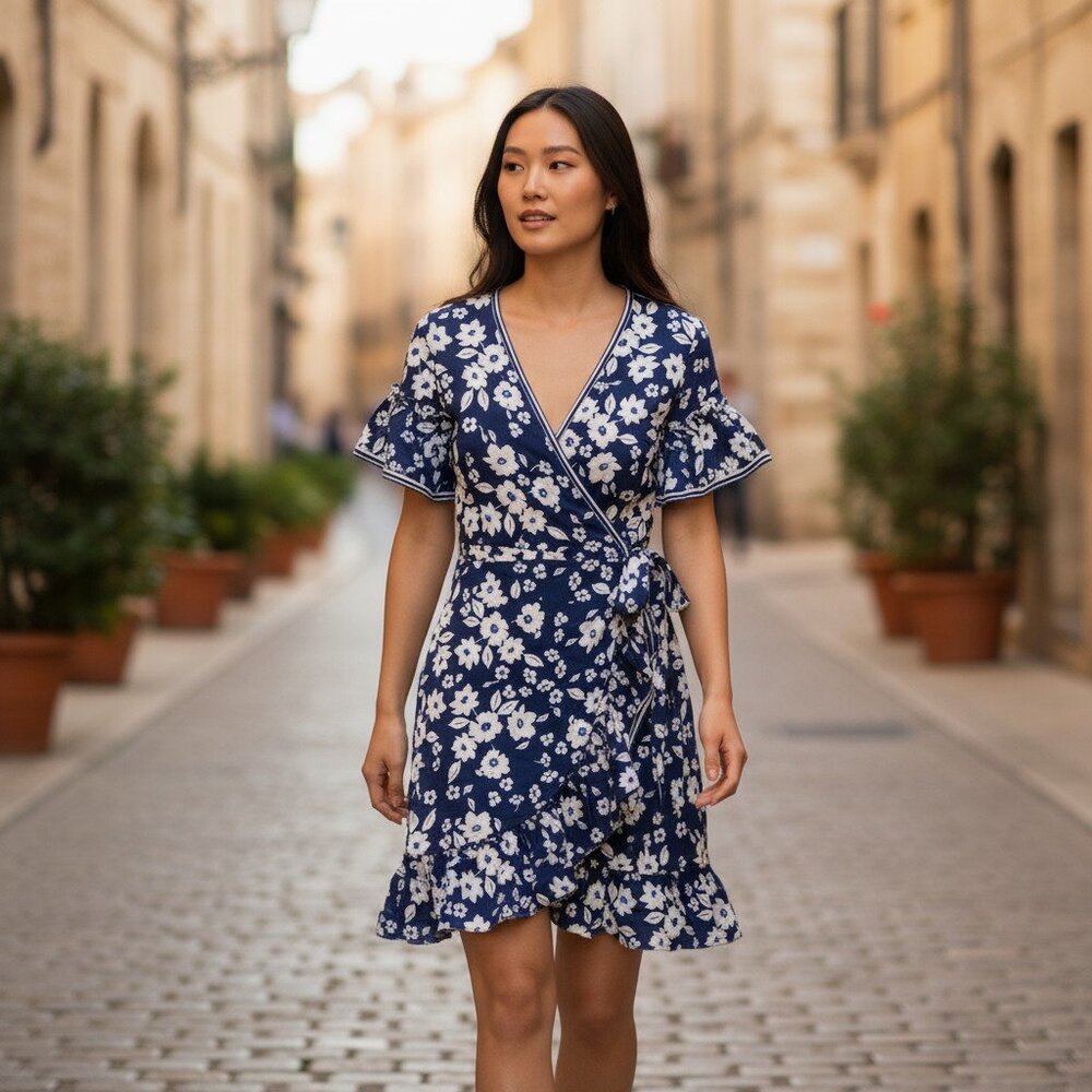 Max Studio Navy Blue & White Floral Wrap Midi Dress